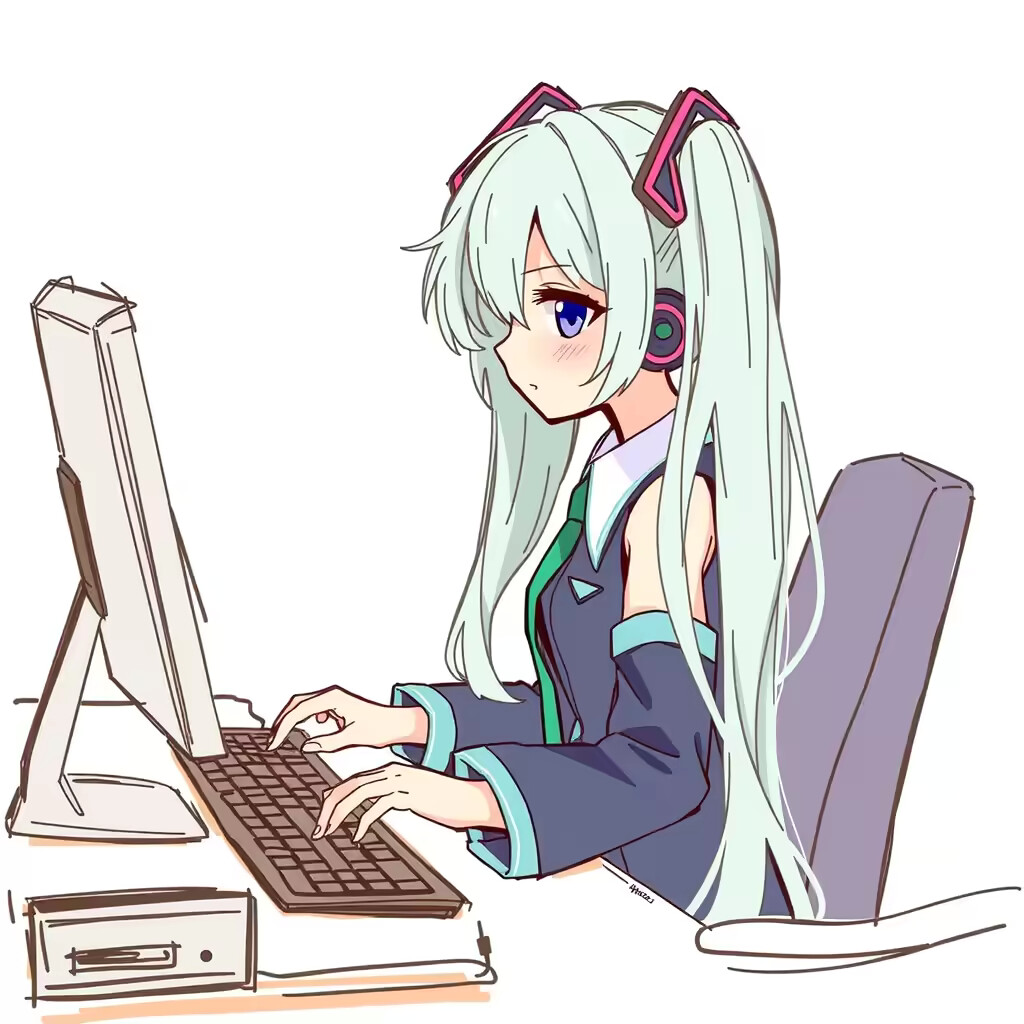 hatsune miku sitting at a computer